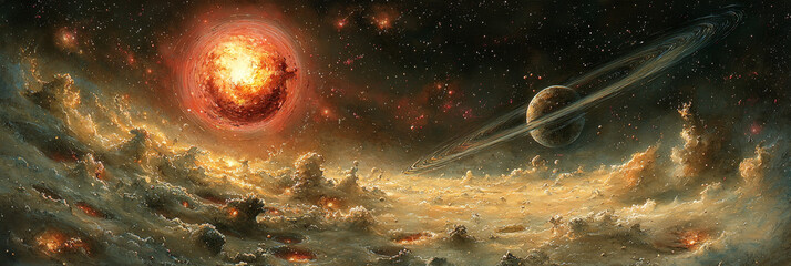 Wall Mural - A fiery star illuminates a gas giant ringed planet in this sci-fi illustration.