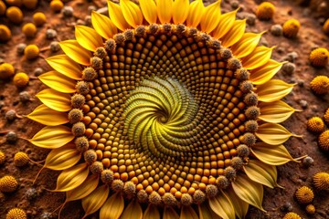 Spiraling patterns of whorls in a sunflower's seed arrangement, set against a gradient of warm earth tones, illustrating Fibonacci sequence in botany, with sharp focus on the seed details.