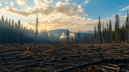 Vast expanses of dead trees in once-thriving forests, symbolizing the widespread devastation caused by insect infestations exacerbated by a warming climate.