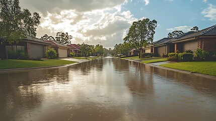 Wall Mural - Flooded street in a suburban neighborhood after a torrential downpour, showing the growing risk of flash floods as extreme weather events become more common.