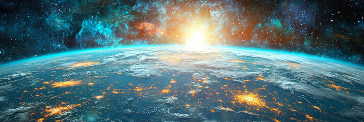 Wall Mural - A stunning view of Earth from space, with city lights glowing against the backdrop of a starry sky.