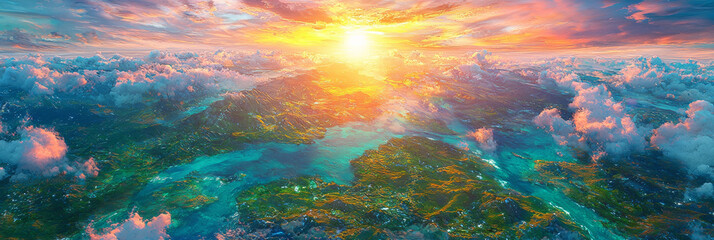 Wall Mural - A breathtaking view of a sunset over a land with a turquoise ocean.