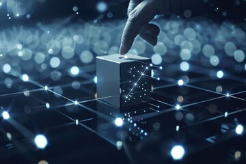 Poster - a hand placing a vote in a digital ballot box surrounded by glowing data points in a futuristic sett