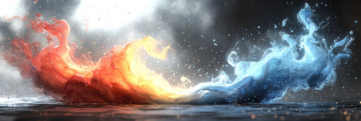 Fiery orange and blue flames clash in a dramatic display of power.