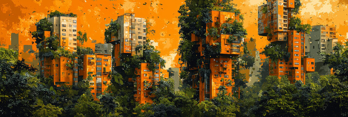 Canvas Print - A city reclaimed by nature, with towering buildings overgrown with lush greenery.