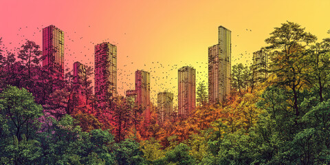 Wall Mural - A cityscape emerges from a lush forest.