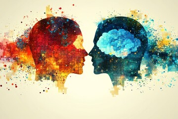 Wall Mural - Fasciculus retroflexus Brain based communication Vibrant silhouettes of two human profiles with exploding color patterns symbolizing contrast and connection between creativity and logical thinking