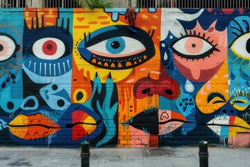 Poster - Colorful mural featuring abstract faces and eyes on a downtown wall during the day, showcasing artistic expression and vibrant street art culture