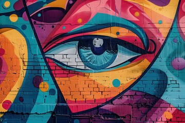 Poster - Colorful mural featuring abstract faces and eyes on a downtown wall during the day, showcasing artistic expression and vibrant street art culture