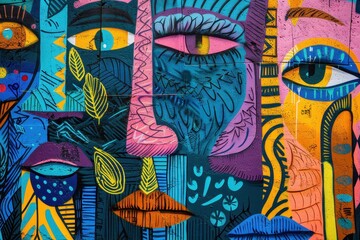 Colorful mural featuring abstract faces and eyes on a downtown wall during the day, showcasing artistic expression and vibrant street art culture