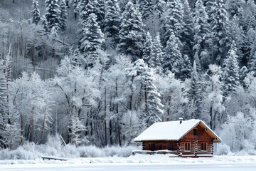 Poster - A cozy wooden cabin surrounded by snow-covered trees in a tranquil winter landscape at dusk