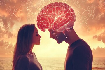 Canvas Print - Cognitive efficiency Brain based communication Romantic sunset silhouette of two people with glowing brains representing the emotional and intellectual connection between love and thought