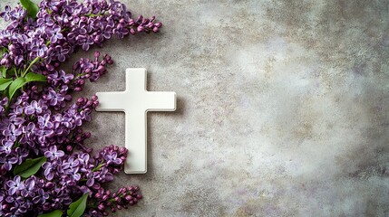 White cross and violet or purple lilac blossom on old background for a condolence card..generative ai