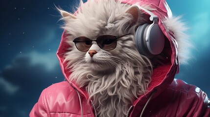 illustration of fantasy character with cat head in sunglasses and headphones wearing white jacket listening to music against pink and blue background