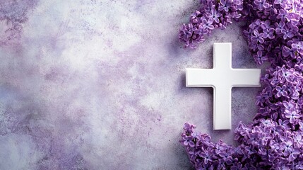 Wall Mural - White cross and violet or purple lilac blossom on old background for a condolence card..generative ai