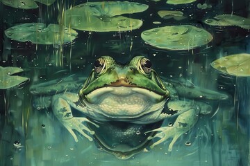 Poster - A serene night in the wetlands with a frog surrounded by candles and glowing fireflies near lily pads under a starry sky