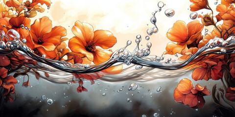 Wall Mural - Orange flowers emerge from water with bubbles.