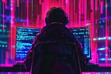 Aufkleber - A lone figure sits at a desk in a dark room illuminated by vibrant digital streams, immersed in coding in a futuristic environment