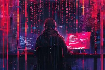 Aufkleber - A lone figure sits at a desk in a dark room illuminated by vibrant digital streams, immersed in coding in a futuristic environment