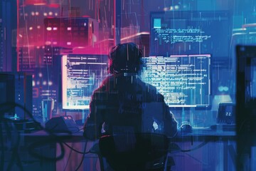 Aufkleber - A lone figure sits at a desk in a dark room illuminated by vibrant digital streams, immersed in coding in a futuristic environment