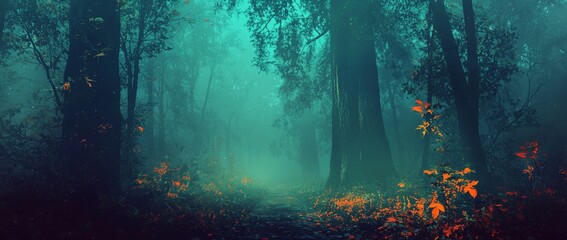 Photography concept of a haunted forest with elegant Art Nouveau trees; the moody atmospheric scene includes mysterious creatures