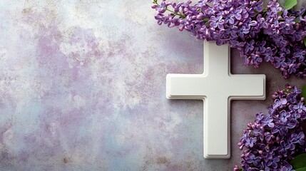 White cross and violet or purple lilac blossom on old background for a condolence card..generative ai