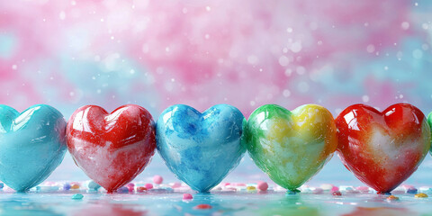 Five colorful heart-shaped candies on a light blue background with pink and blue bokeh.