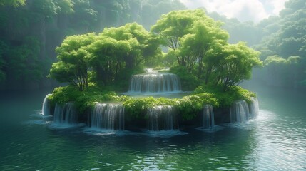 Lush Green Island Waterfall Paradise