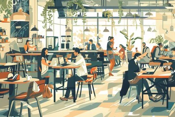Aufkleber - A vibrant coworking space in the heart of the city bustling with creative professionals engaged in collaborative projects during a sunny afternoon