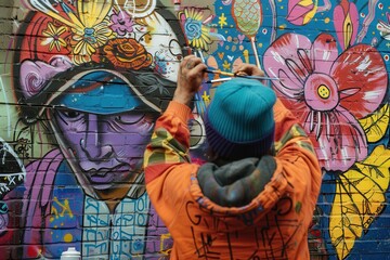 Aufkleber - A street artist creates vibrant graffiti during autumn in the city, showcasing skills and creativity in urban art spaces