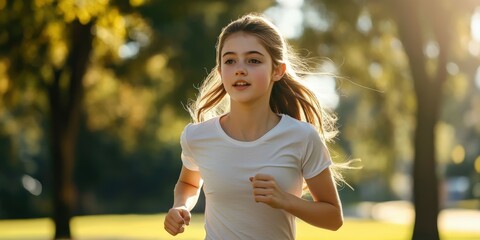 Teenage girl running energetically in a sunlit park during afternoon