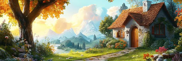 Sticker - A quaint stone cottage sits nestled in a lush green valley, surrounded by a fairytale landscape.