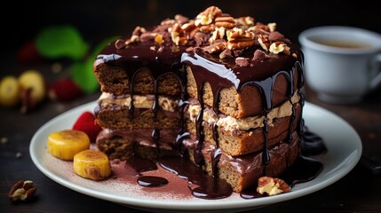 Wall Mural - a decadent chocolate cake with thick layers of chocolate goodness, drizzle in delicious chocolate syrup and garnished with chocolate flakes