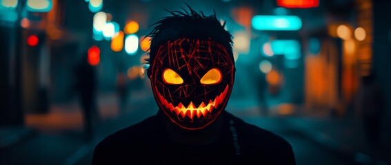 Wall Mural - Featuring digitally designed neon Halloween masks with evil monsters and dystopian settings in an eerie futuristic setting