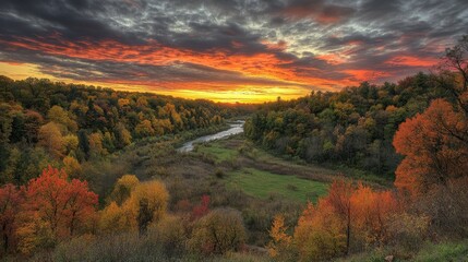 Wall Mural - Vibrant autumn sunset over a peaceful river valley in early evening