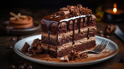 Wall Mural - a decadent chocolate cake with thick layers of chocolate goodness, drizzle in delicious chocolate syrup and garnished with chocolate flakes