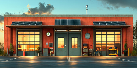 Poster - Red brick building with solar panels and garage doors