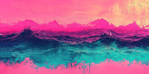 Sticker - Abstract painting of a pink sky and blue ocean.