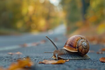Poster - A brown snail slowly crawls over a sunlit pathway surrounded by scattered autumn leaves in a tranquil outdoor setting during late afternoon