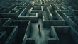 © Lotti - Lost person surrounded by maze walls, looking overwhelmed and disoriented, trying to find a way out.