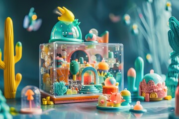 Aufkleber - Colorful miniature desert scene with whimsical structures and playful details captured during daylight showcasing creativity and imagination