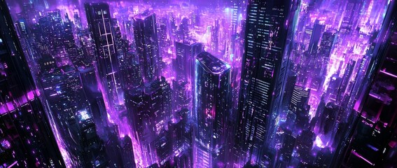 This digital image portrays a haunting city skyline with neon lights emanating from towering skyscrapers featuring ghostly neon ghosts