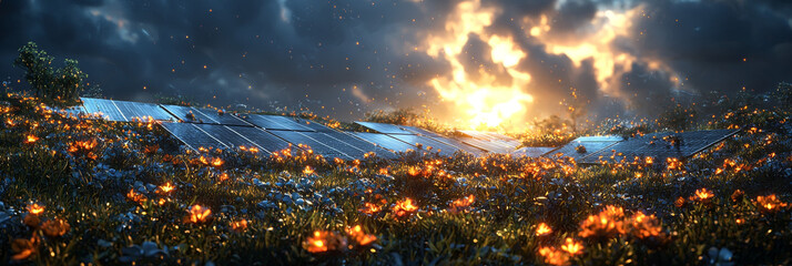 Poster - Solar panels in a field of flowers under a dramatic sunset sky.