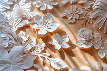 Aufkleber - Intricate white paper floral designs scattered elegantly on a textured background, showcasing craftsmanship in a well-lit setting