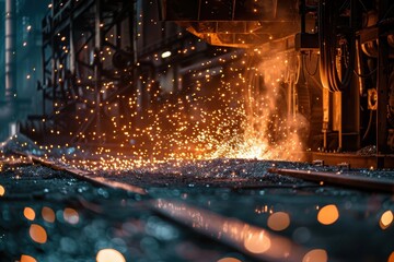Poster - Molten metal pouring from a ladle at a steel mill during nighttime, illuminating the industrial environment with fiery sparks and glowing heat