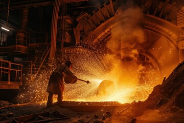 Wall Mural - Molten metal pouring from a ladle at a steel mill during nighttime, illuminating the industrial environment with fiery sparks and glowing heat