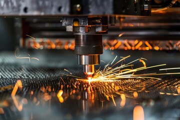 Aufkleber - High-precision laser cutting machine in action, creating sparks as it processes metal sheets in a workshop at night