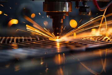 Wall Mural - High-precision laser cutting machine in action, creating sparks as it processes metal sheets in a workshop at night