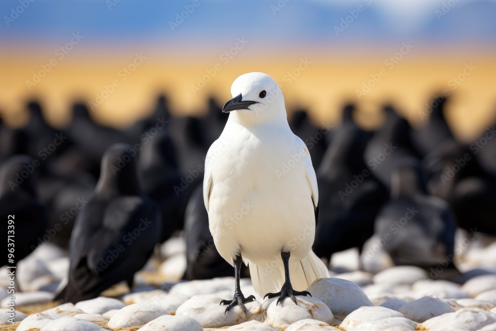 Uncommon sight - a white crow in a flock of black crows, illustrating ...