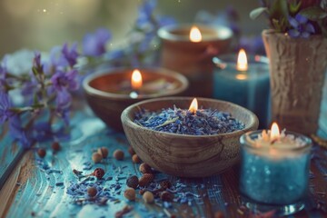 Poster - Lavender and herbs arranged on a wooden table with candles and essential oils, creating a tranquil atmosphere in a cozy space during sunset